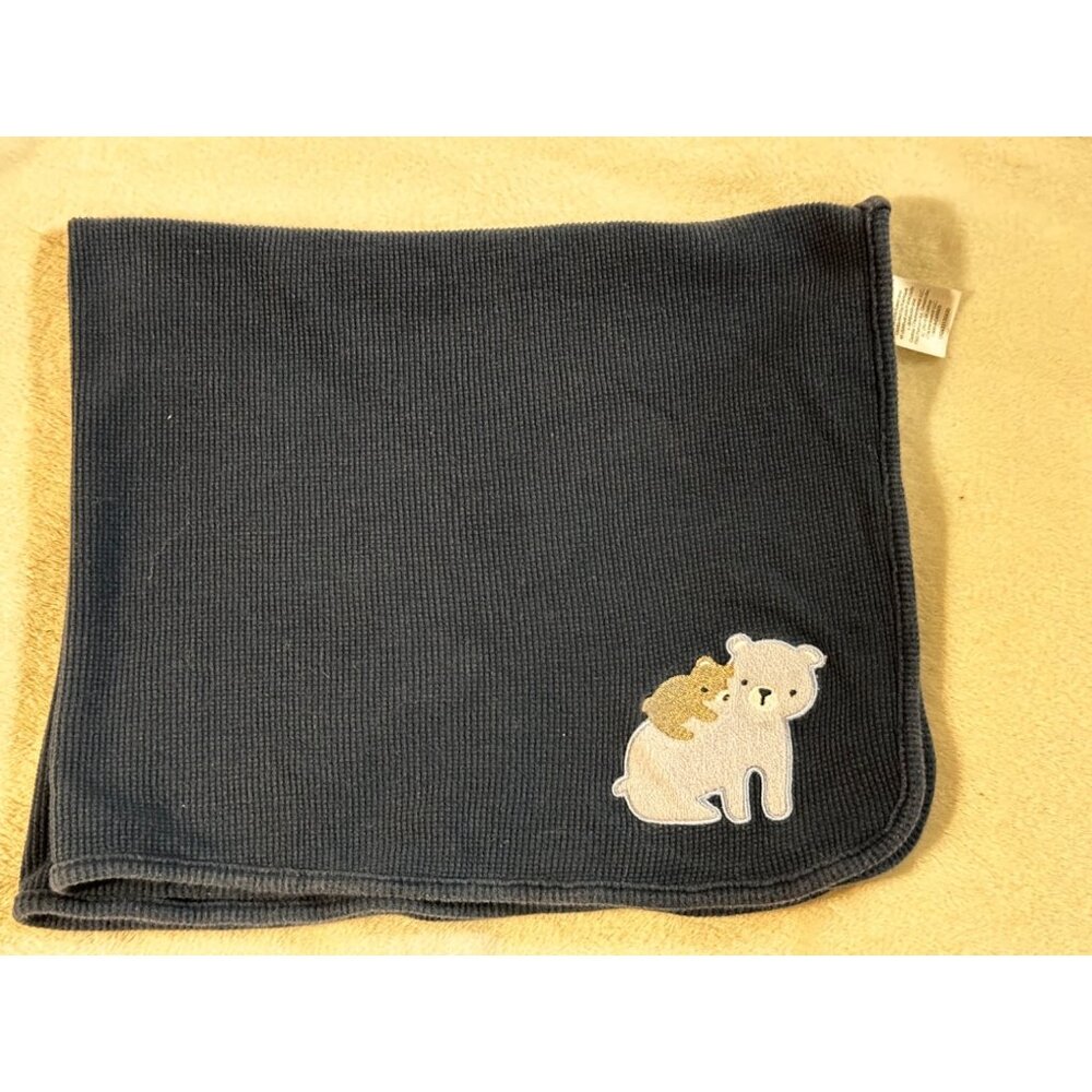 Just Born Thermal Waffle Weave Navy blue Bear Baby‎ Security Blanket Lovey 25x30
